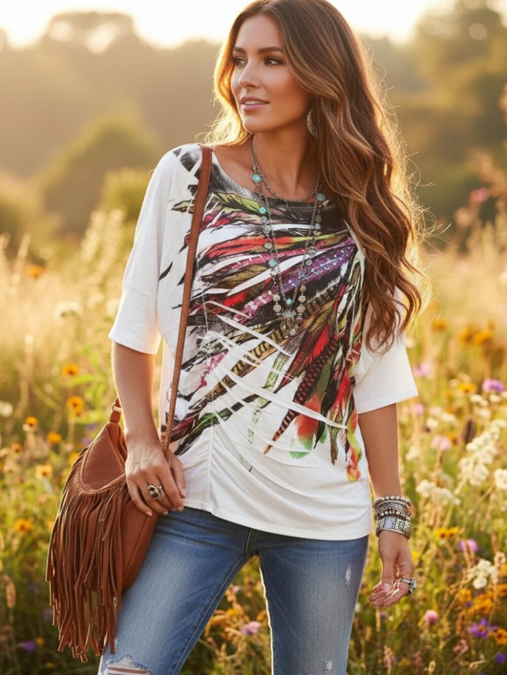 Wishful Park S Top Feather‎ Print Festival Boho Fairy Grunge Whimsy Eclectic